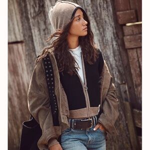 Free People We The Free Bordeaux Cashmere Hoodie sz M Black/Tan